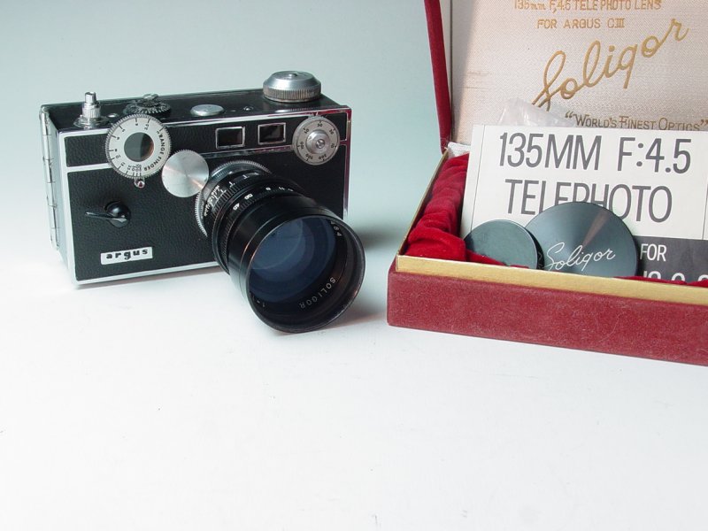 Soligor f/4.5 135mm for Argus C3 with box, caps, camera