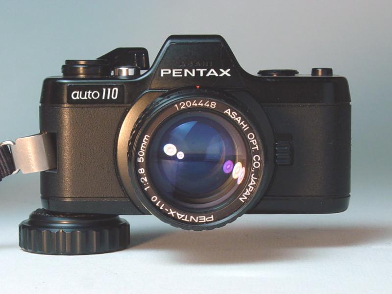 Asahi Pentax Auto 110 and Asahi Pentax-110 1:2.8 50mm with Asahi Pentax A110 Tripod Adapter - Click to Enlarge